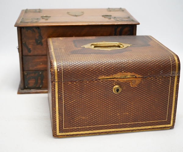 An early 20th century jewellery box and a similar oak stationery casket. Condition - poor